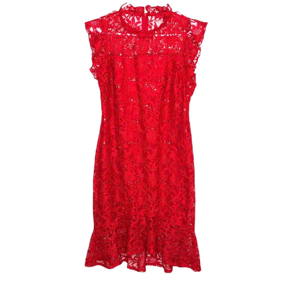 Red Sequin Lace Mini Dress 10 Holiday Party Cocktail Mock Neck